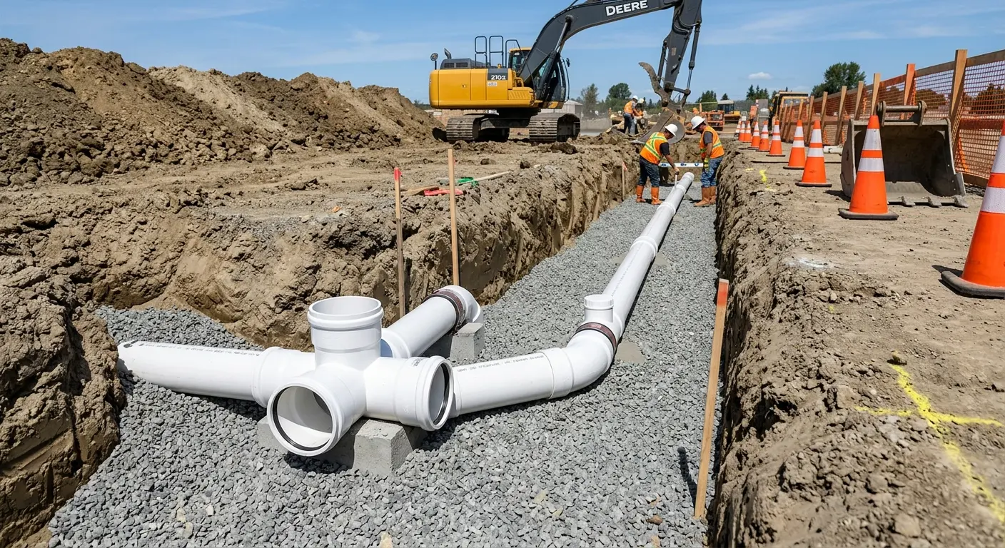 New PVC sewer pipe installation in open trench for Sewer Backup in Hollister