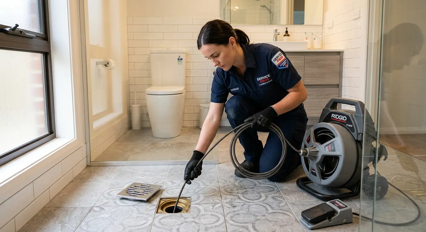 Technician clearing a bathroom floor drain for Drain Cleaning in Hollister
